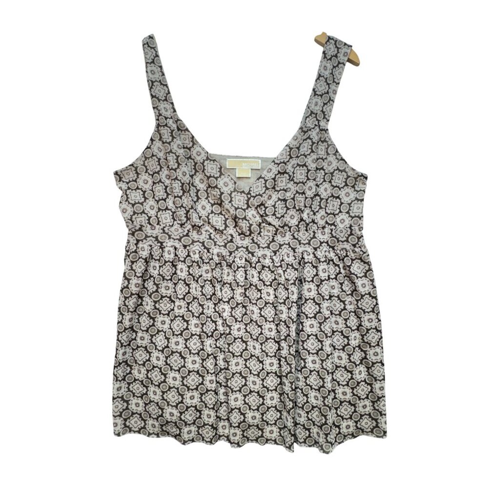 Michael Kors Womens Peplum Blouse Top Size XL Brown Geo Sleeveless Empire Waist